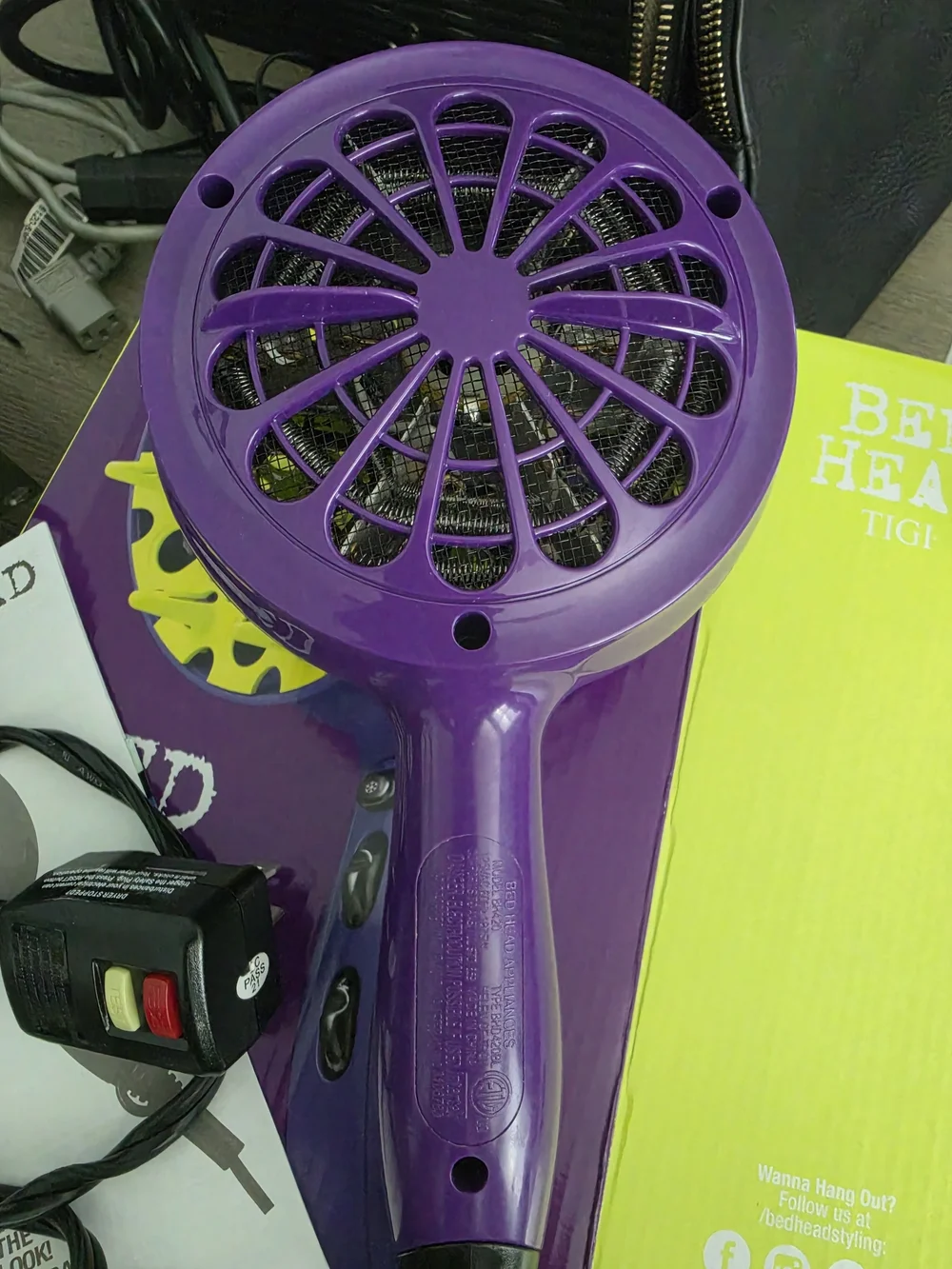 BedHead Purple Hair Dryer with Bright Yellow Diffuser